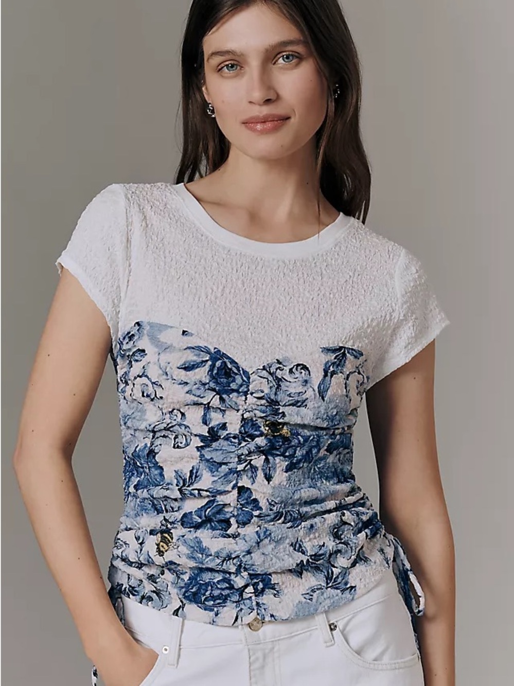 Anthropologie White Tee with Blue Floral Corset Detail